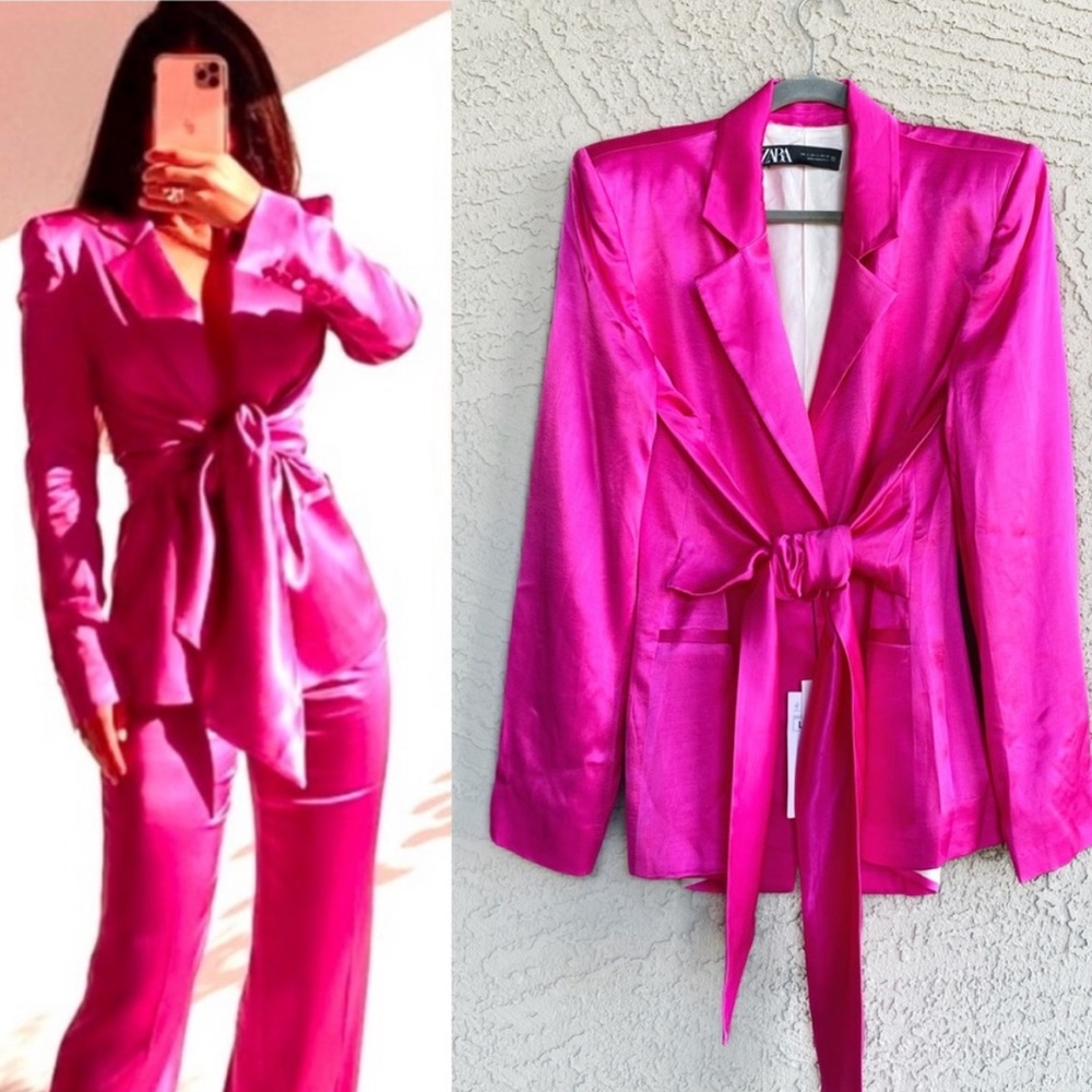 New Zara Pink Satin One Button Structured Tie Sash Front Blazer - Picture 1 of 16
